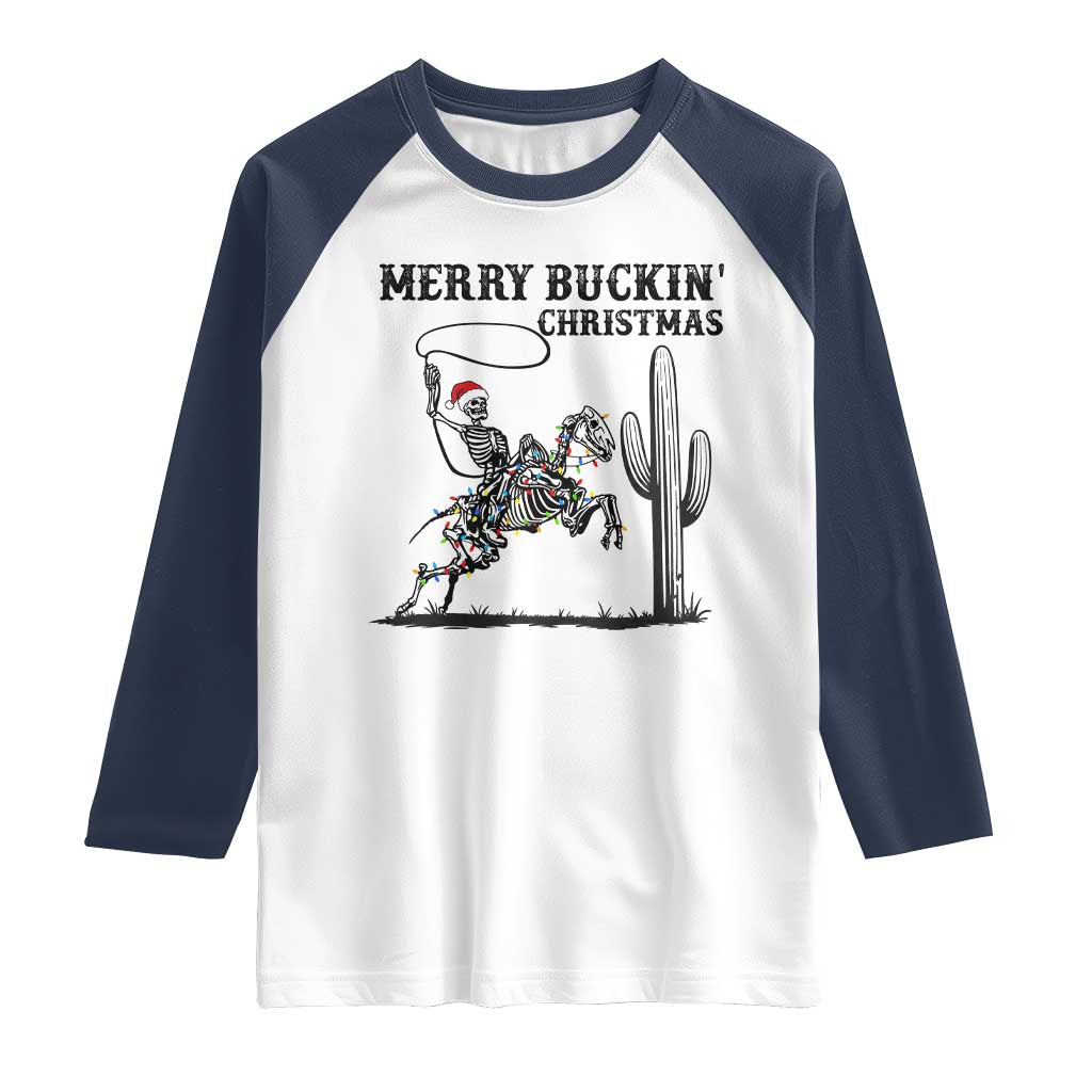 Merry Buckin Christmas Raglan Shirt Funny Skeleton Santa Horse Rider TS12 White Navy Print Your Wear