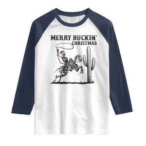 Merry Buckin Christmas Raglan Shirt Funny Skeleton Santa Horse Rider TS12 White Navy Print Your Wear