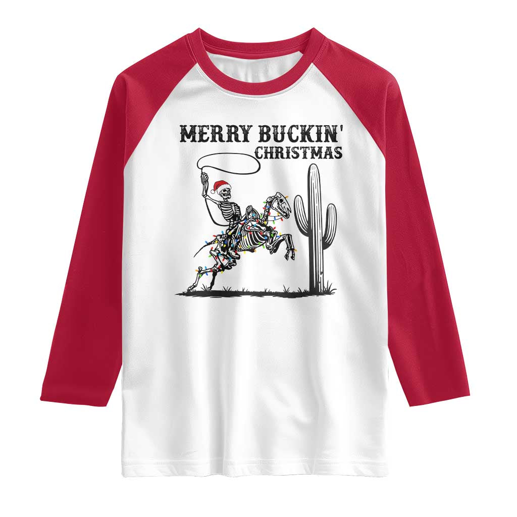 Merry Buckin Christmas Raglan Shirt Funny Skeleton Santa Horse Rider TS12 White Red Print Your Wear