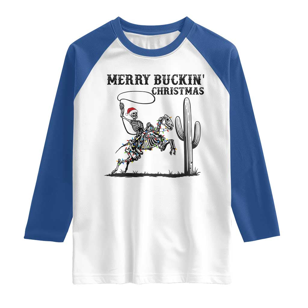 Merry Buckin Christmas Raglan Shirt Funny Skeleton Santa Horse Rider TS12 White Royal Print Your Wear