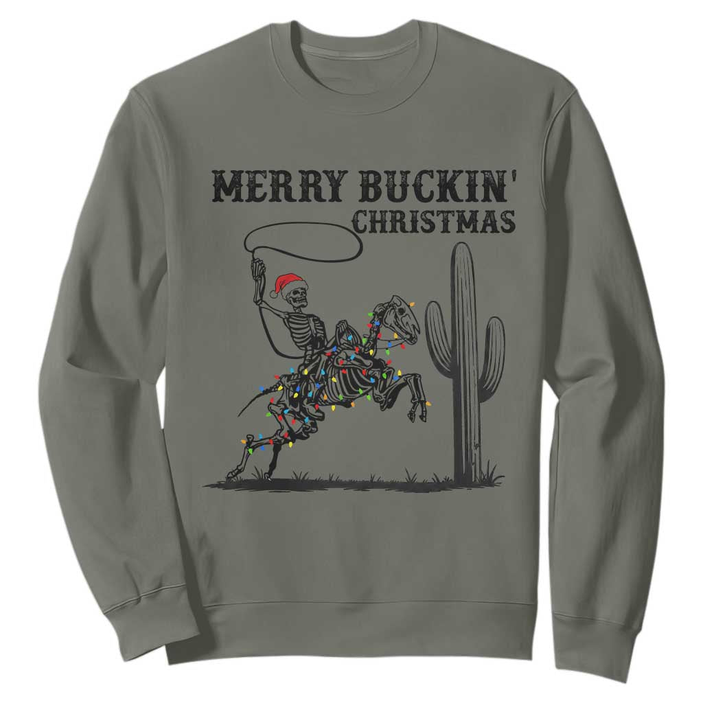 Merry Buckin Christmas Sweatshirt Funny Skeleton Santa Horse Rider TS12 Military Green Print Your Wear