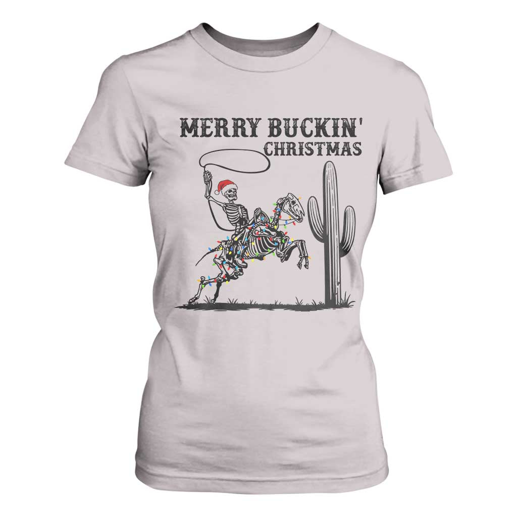Merry Buckin Christmas T Shirt For Women Funny Skeleton Santa Horse Rider TS12 Ice Gray Print Your Wear