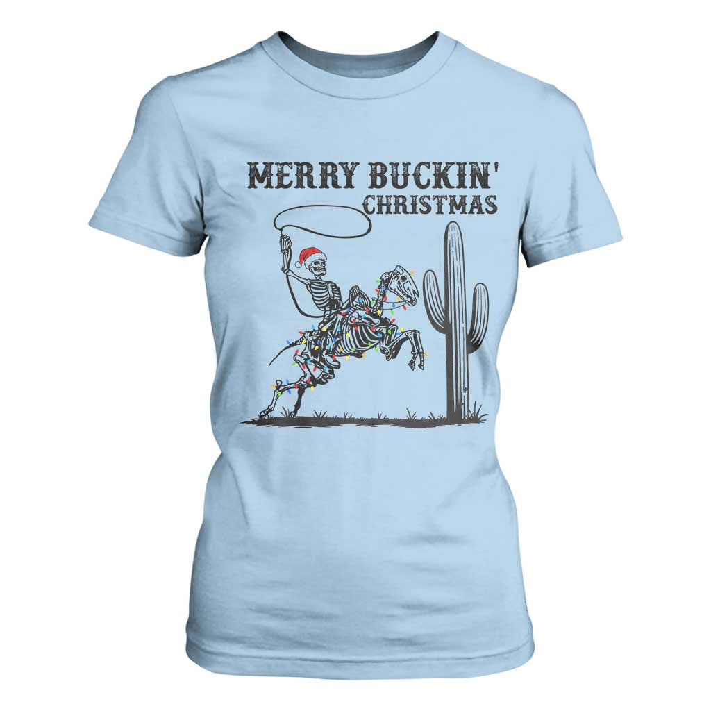 Merry Buckin Christmas T Shirt For Women Funny Skeleton Santa Horse Rider TS12 Light Blue Print Your Wear