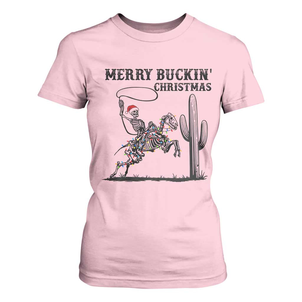 Merry Buckin Christmas T Shirt For Women Funny Skeleton Santa Horse Rider TS12 Light Pink Print Your Wear