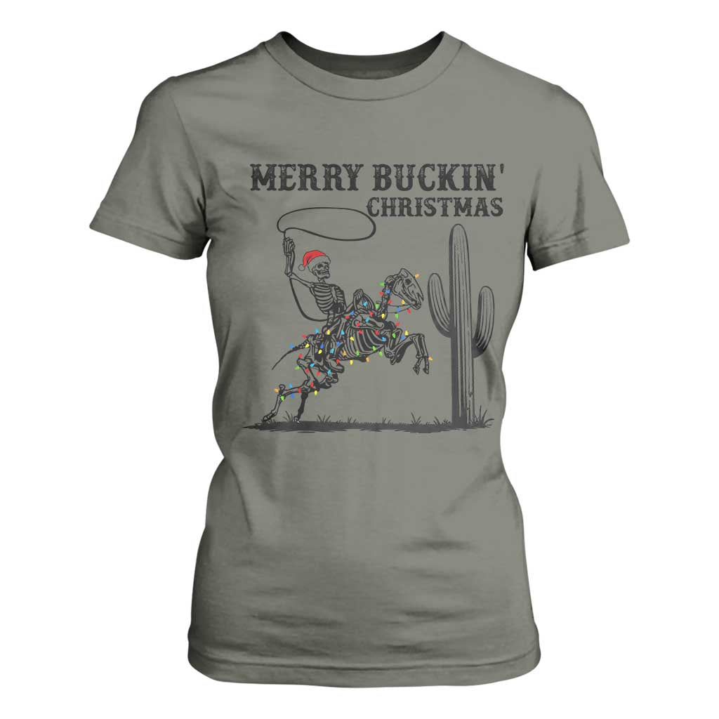 Merry Buckin Christmas T Shirt For Women Funny Skeleton Santa Horse Rider TS12 Military Green Print Your Wear