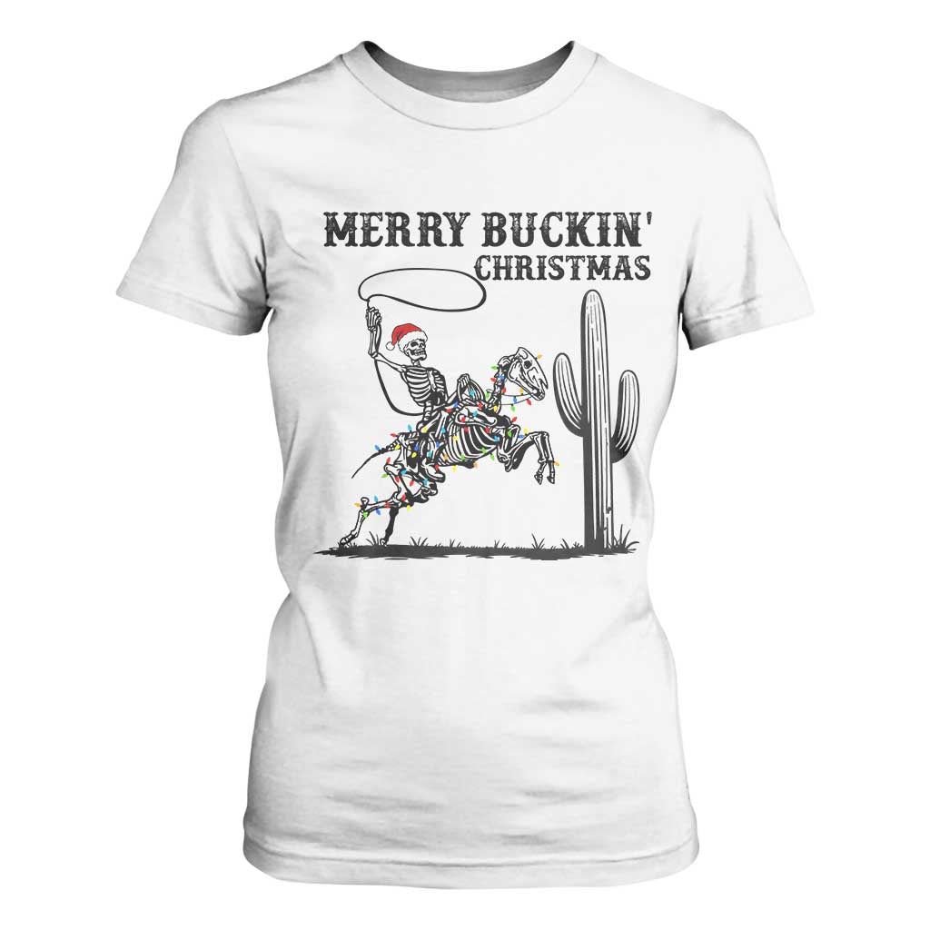 Merry Buckin Christmas T Shirt For Women Funny Skeleton Santa Horse Rider TS12 White Print Your Wear