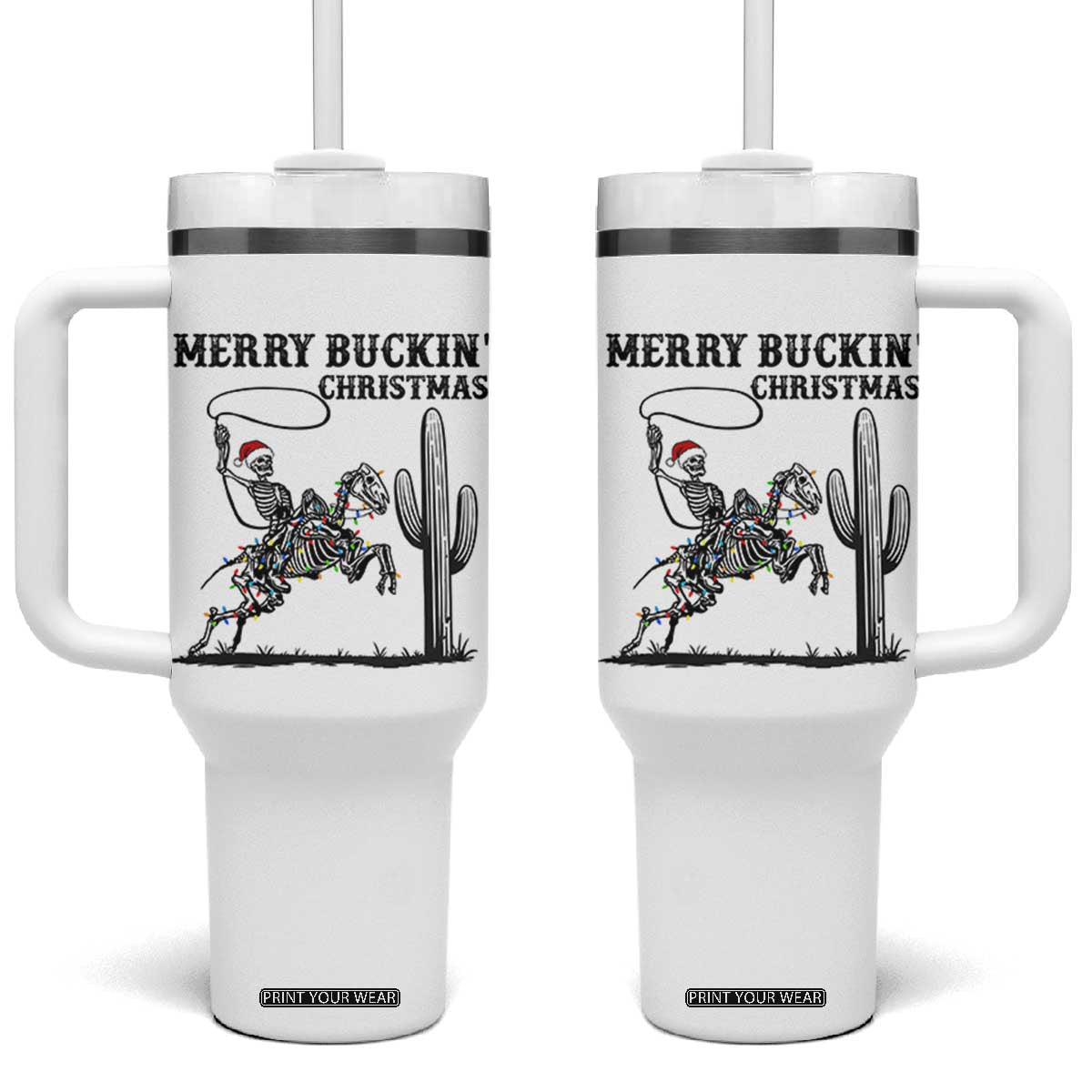 Merry Buckin Christmas Tumbler With Handle Funny Skeleton Santa Horse Rider TS12 One Size: 40 oz White Print Your Wear