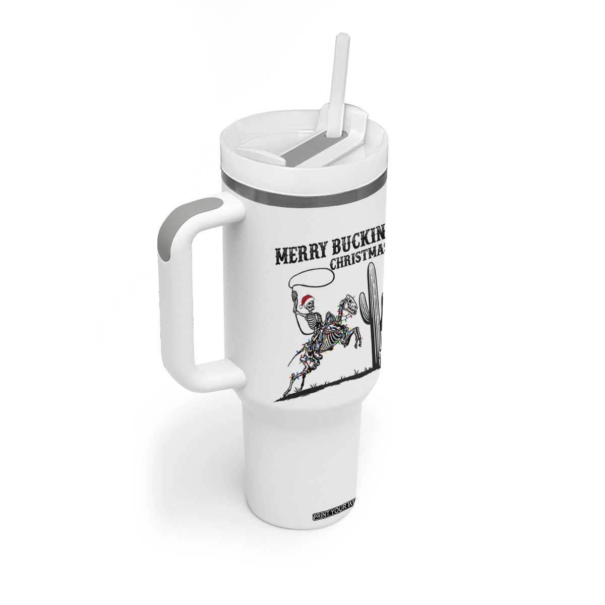 Merry Buckin Christmas Tumbler With Handle Funny Skeleton Santa Horse Rider TS12 Print Your Wear