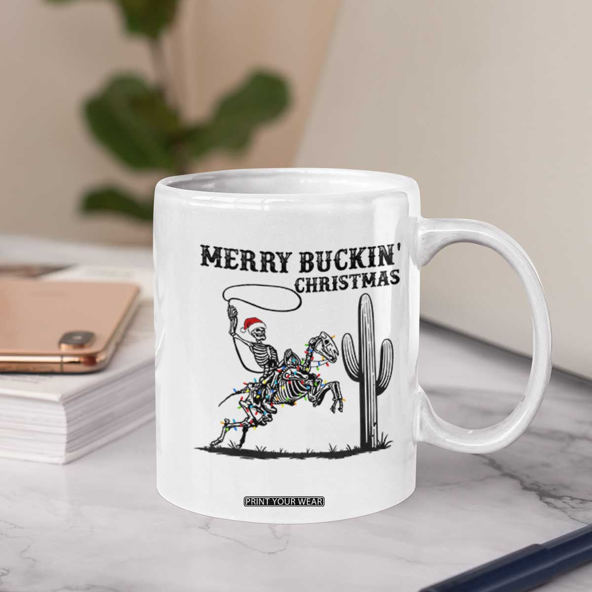 Merry Buckin Christmas Coffee Mug Funny Skeleton Santa Horse Rider TS12 Print Your Wear