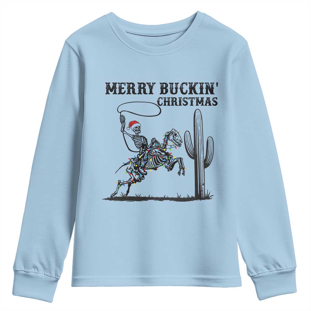 Merry Buckin Christmas Youth Sweatshirt Funny Skeleton Santa Horse Rider TS12 Light Blue Print Your Wear