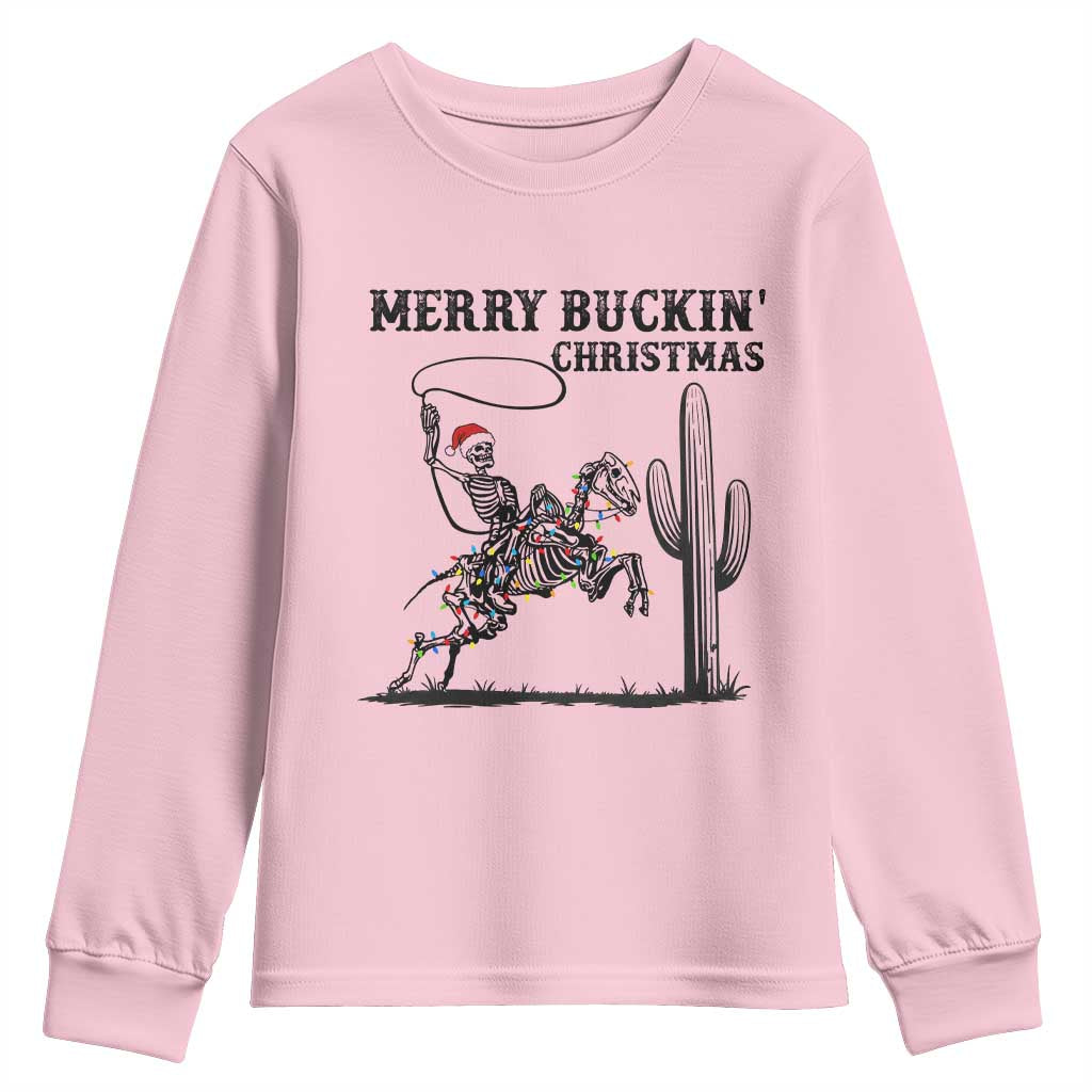 Merry Buckin Christmas Youth Sweatshirt Funny Skeleton Santa Horse Rider TS12 Light Pink Print Your Wear