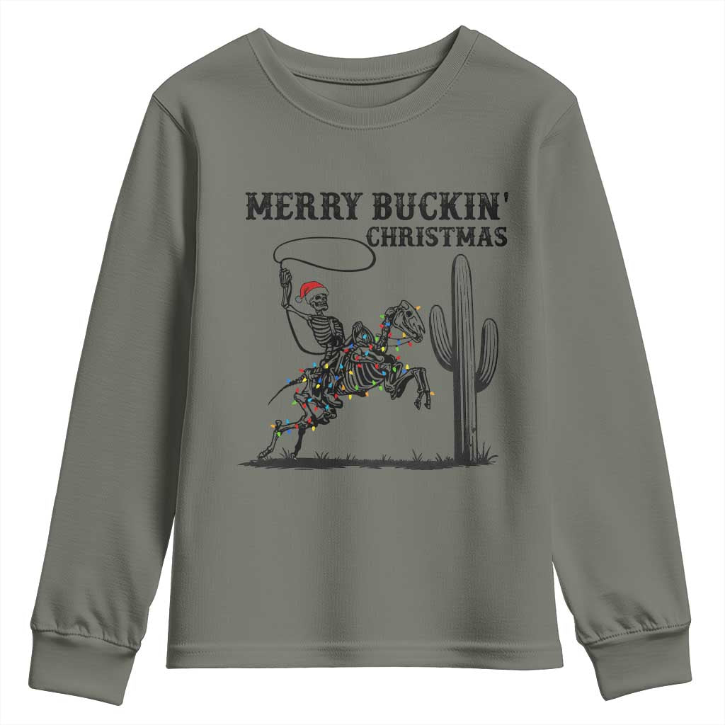 Merry Buckin Christmas Youth Sweatshirt Funny Skeleton Santa Horse Rider TS12 Military Green Print Your Wear