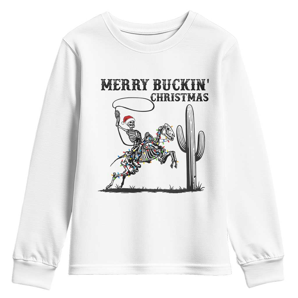 Merry Buckin Christmas Youth Sweatshirt Funny Skeleton Santa Horse Rider TS12 White Print Your Wear