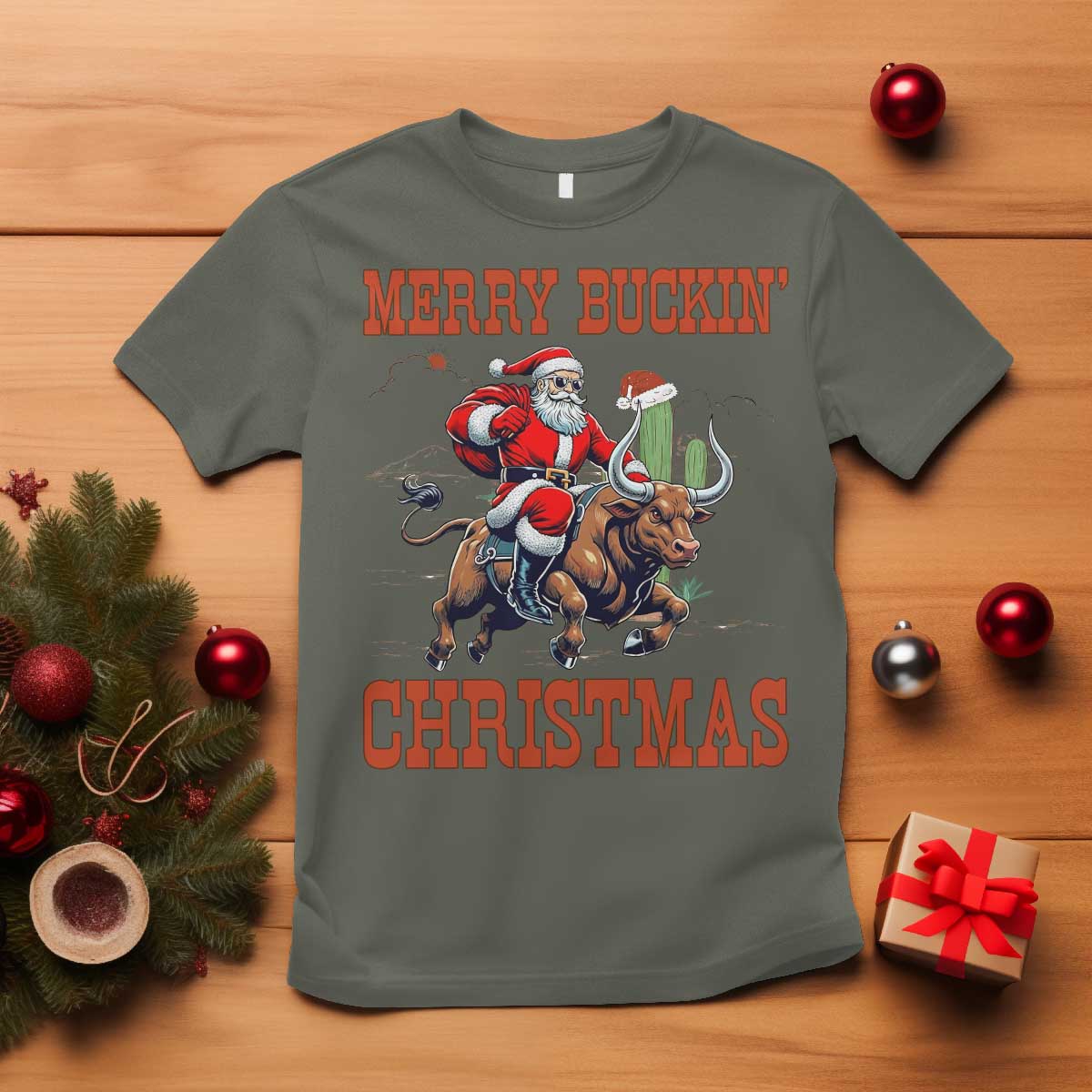 Western Black Santa Merry Buckin Christmas T Shirt Funny Rodeo TS12 Military Green Print Your Wear