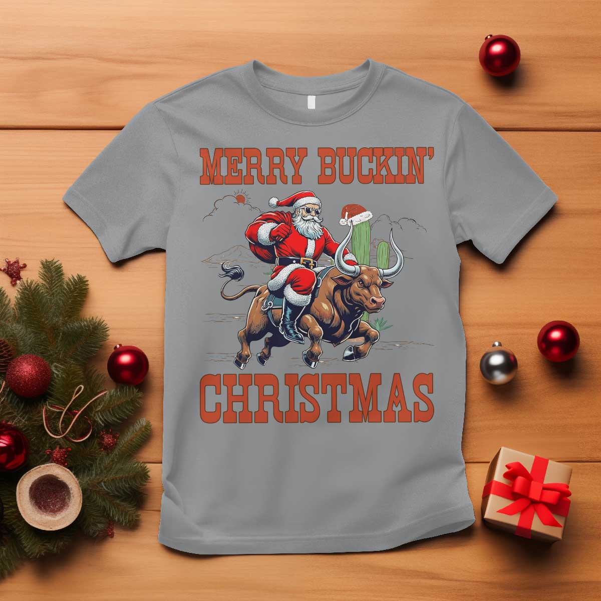 Western Black Santa Merry Buckin Christmas T Shirt Funny Rodeo TS12 Sport Gray Print Your Wear