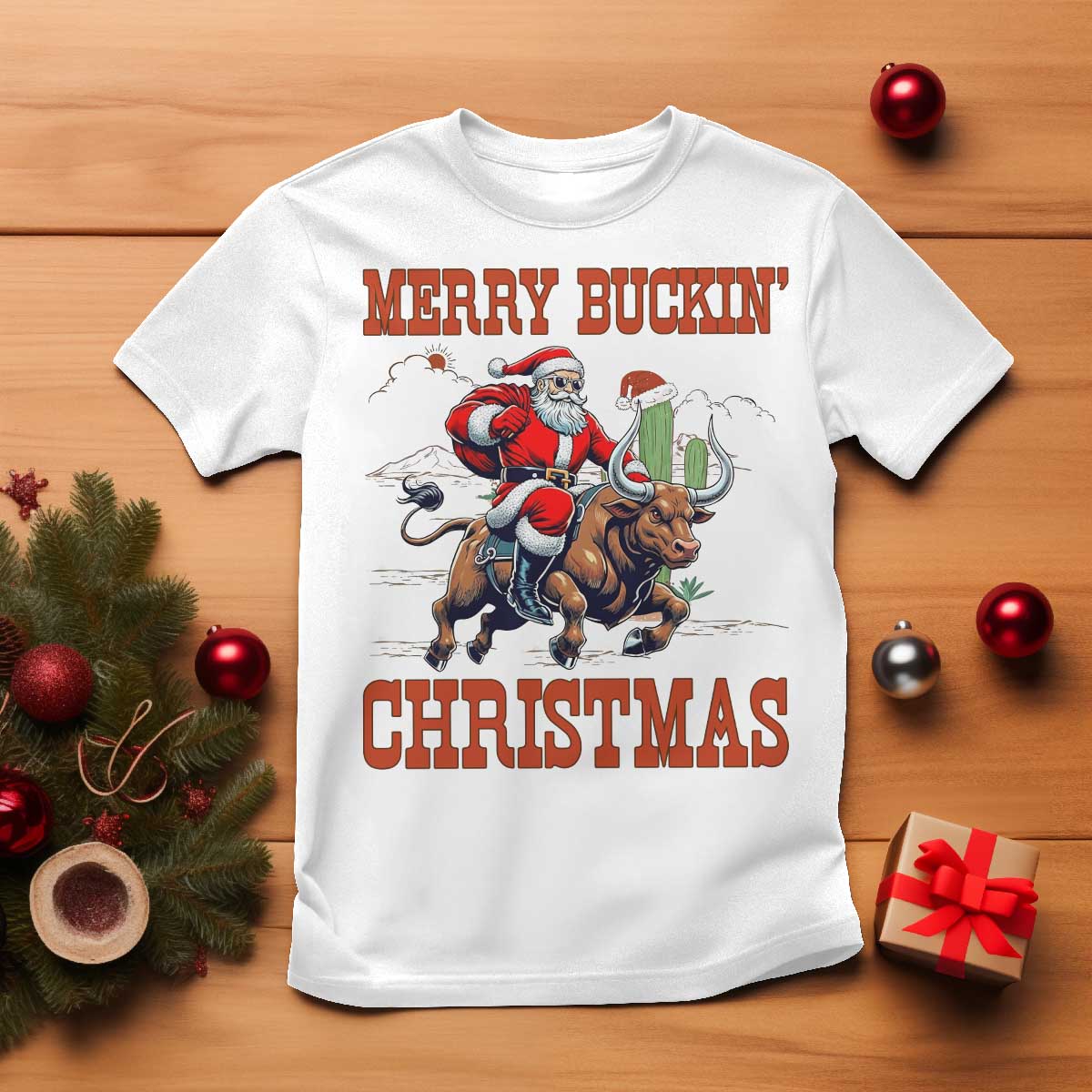 Western Black Santa Merry Buckin Christmas T Shirt Funny Rodeo TS12 White Print Your Wear