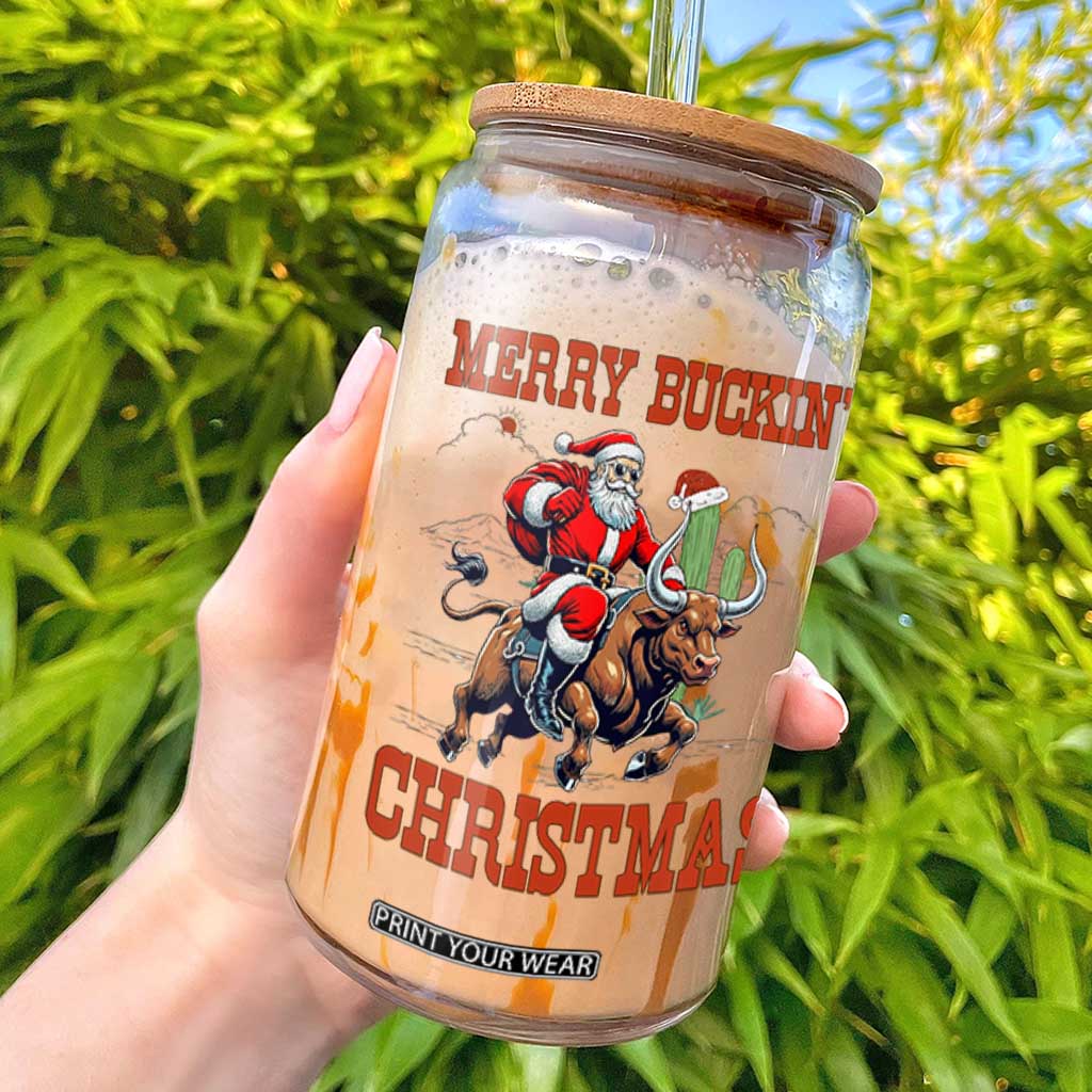 Western Black Santa Merry Buckin Christmas Glass Can Funny Rodeo TS12 White Print Your Wear