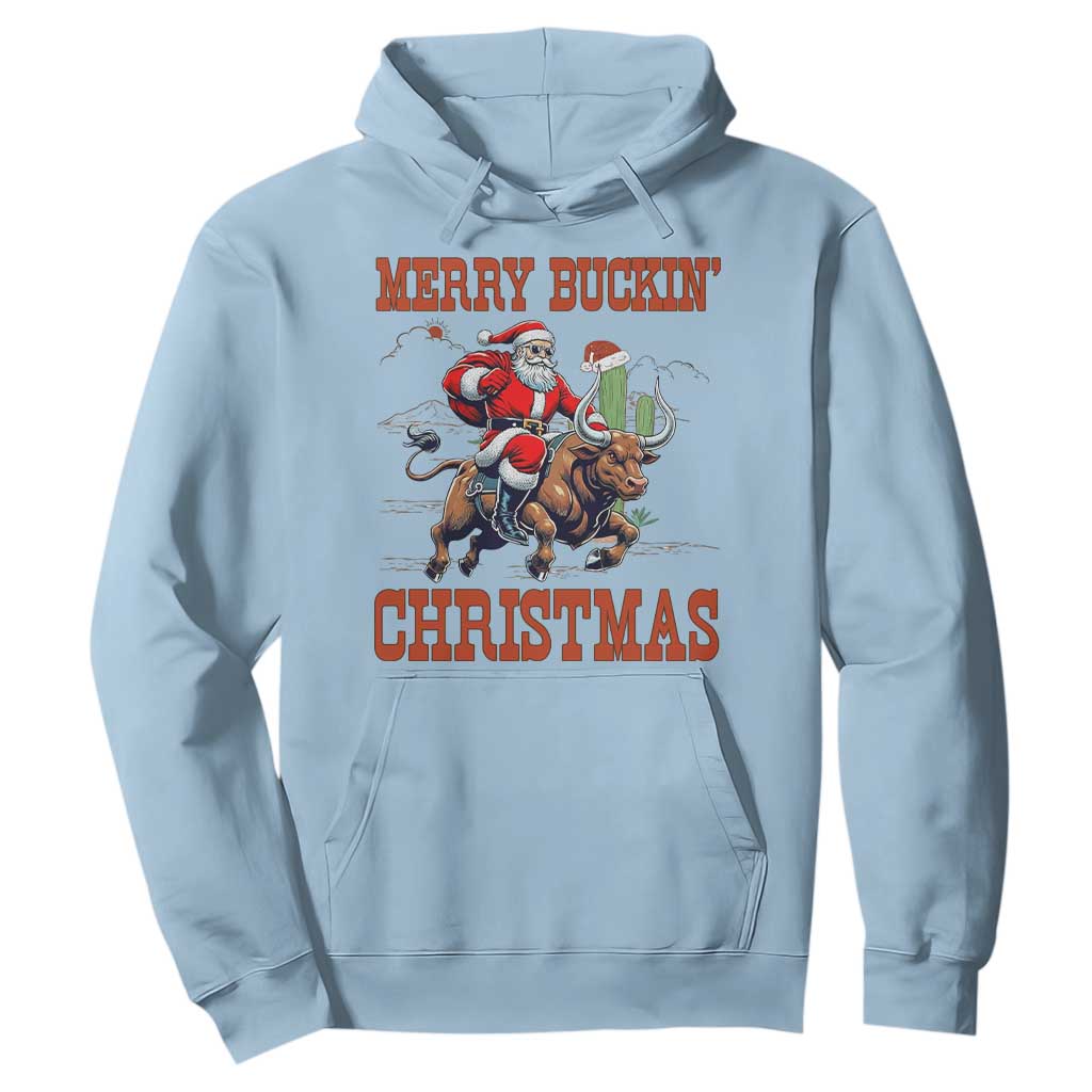 Western Black Santa Merry Buckin Christmas Hoodie Funny Rodeo TS12 Light Blue Print Your Wear