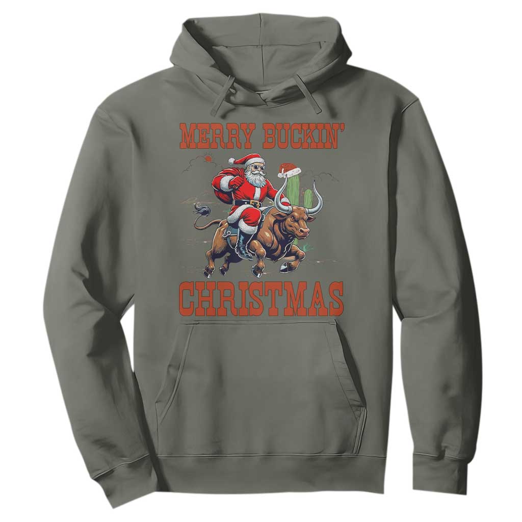 Western Black Santa Merry Buckin Christmas Hoodie Funny Rodeo TS12 Military Green Print Your Wear
