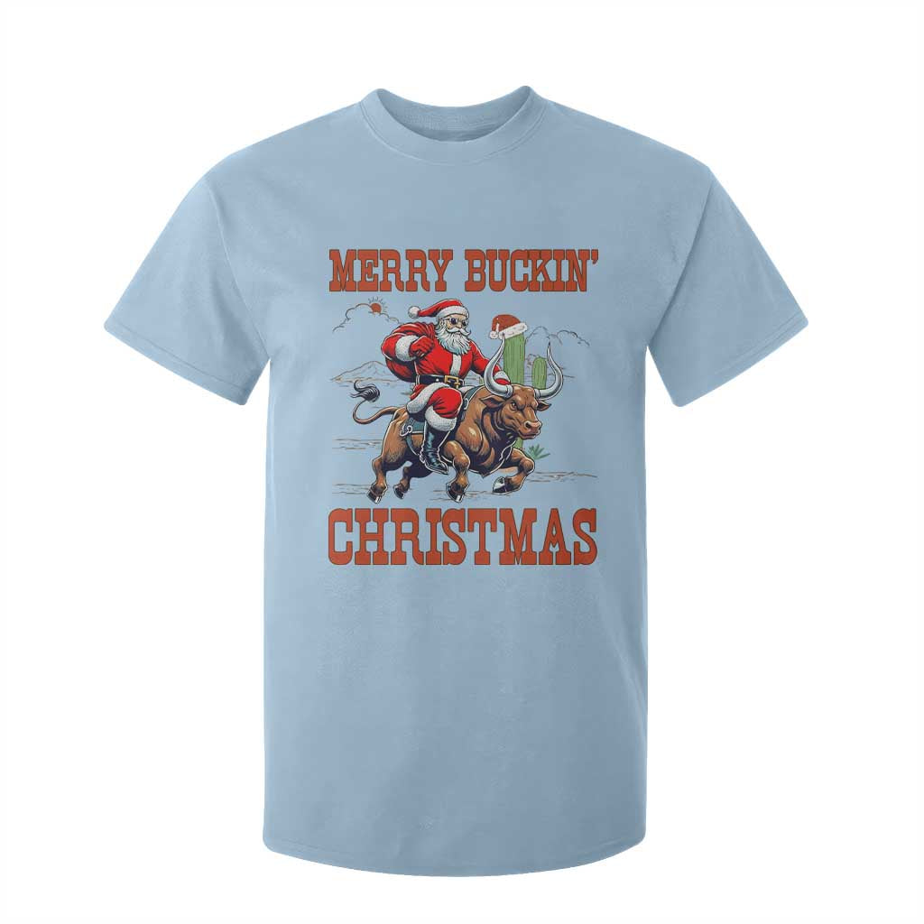 Western Black Santa Merry Buckin Christmas T Shirt For Kid Funny Rodeo TS12 Light Blue Print Your Wear