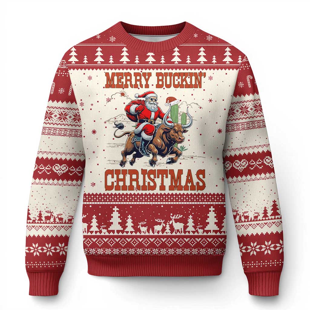 Western Black Santa Merry Buckin Xmas Ugly Christmas Sweater Funny Rodeo TS12 Beige Red Print Your Wear