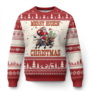 Western Black Santa Merry Buckin Xmas Ugly Christmas Sweater Funny Rodeo TS12 Beige Red Print Your Wear