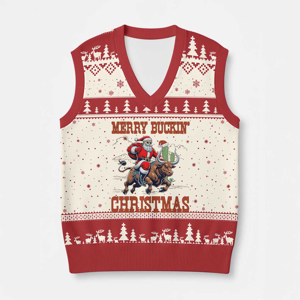 Western Black Santa Merry Buckin Xmas V-Neck Knit Sweater Vest Funny Rodeo TS12 Beige Red Print Your Wear