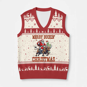 Western Black Santa Merry Buckin Xmas V-Neck Knit Sweater Vest Funny Rodeo TS12 Beige Red Print Your Wear
