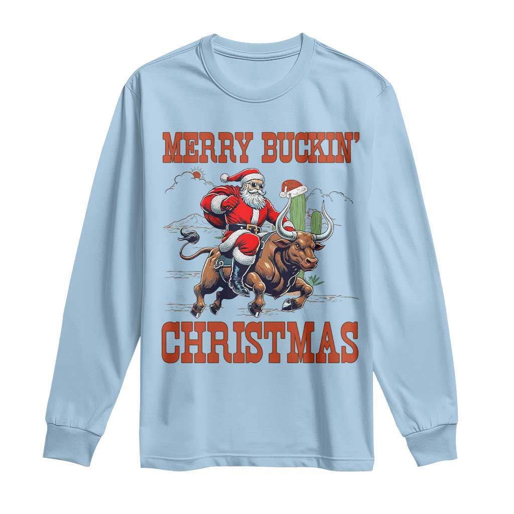 Western Black Santa Merry Buckin Christmas Long Sleeve Shirt Funny Rodeo TS12 Light Blue Print Your Wear