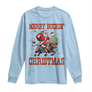 Western Black Santa Merry Buckin Christmas Long Sleeve Shirt Funny Rodeo TS12 Light Blue Print Your Wear