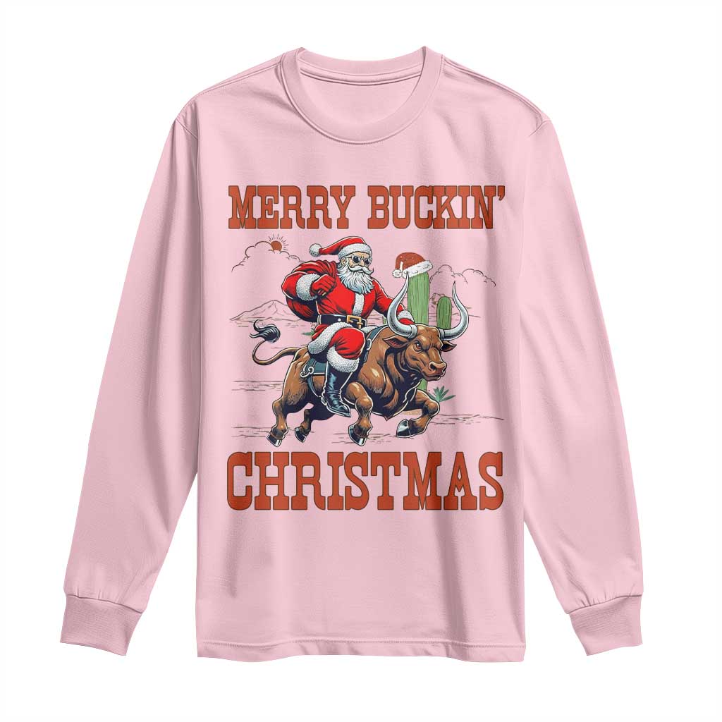 Western Black Santa Merry Buckin Christmas Long Sleeve Shirt Funny Rodeo TS12 Light Pink Print Your Wear