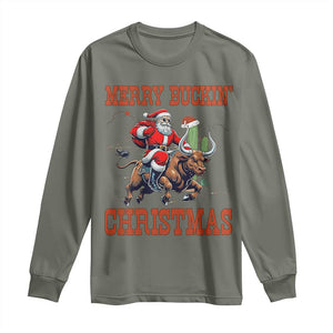 Western Black Santa Merry Buckin Christmas Long Sleeve Shirt Funny Rodeo TS12 Military Green Print Your Wear