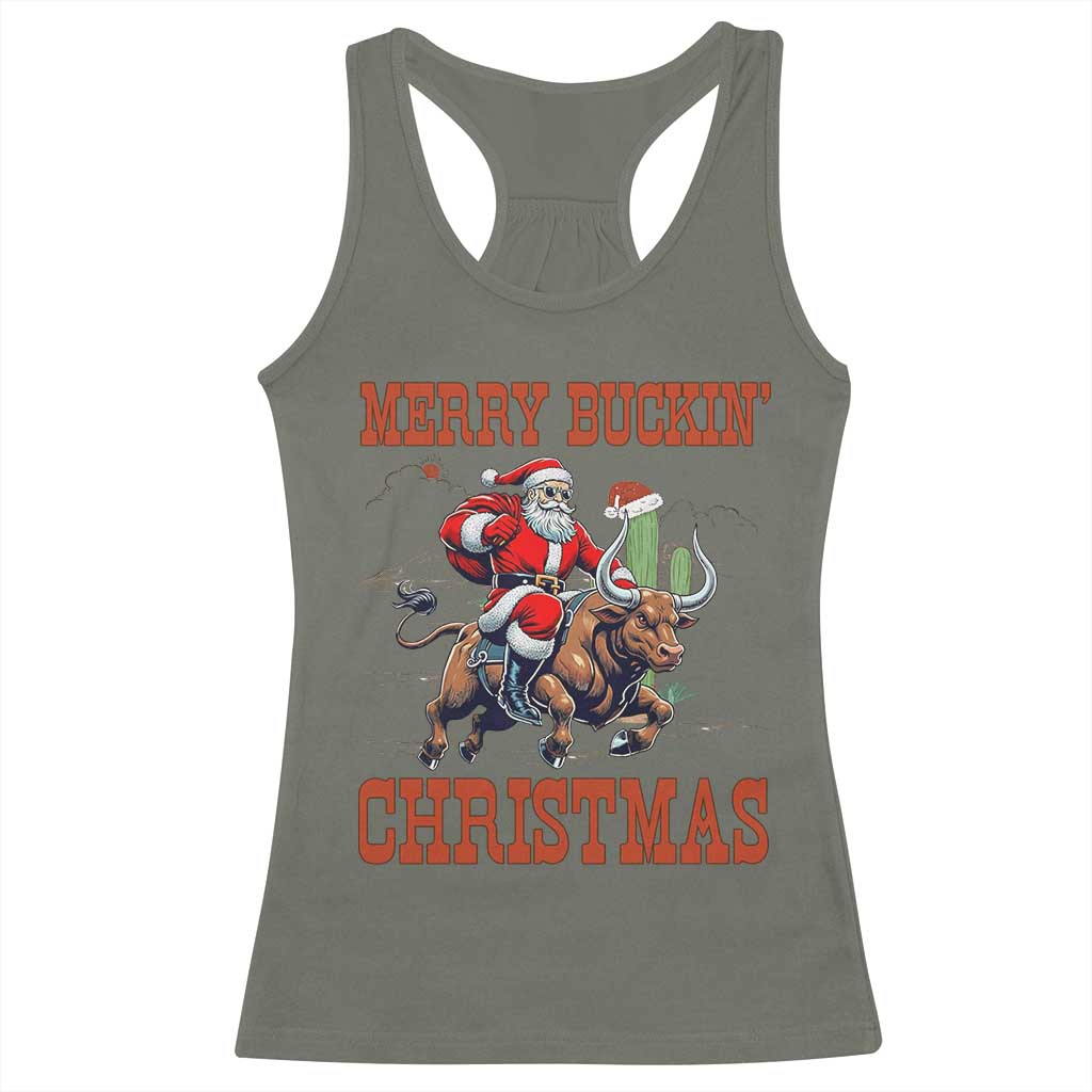 Western Black Santa Merry Buckin Christmas Racerback Tank Top Funny Rodeo TS12 Military Green Print Your Wear