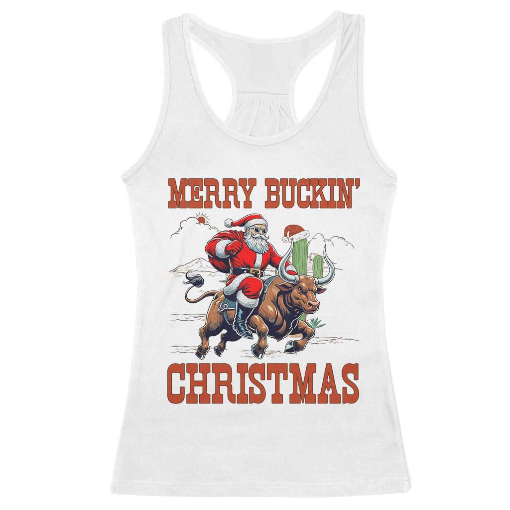Western Black Santa Merry Buckin Christmas Racerback Tank Top Funny Rodeo TS12 White Print Your Wear