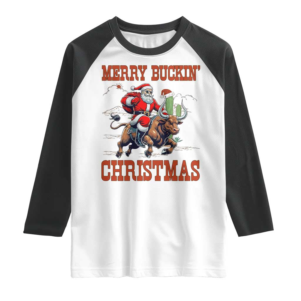 Western Black Santa Merry Buckin Christmas Raglan Shirt Funny Rodeo TS12 White Black Print Your Wear