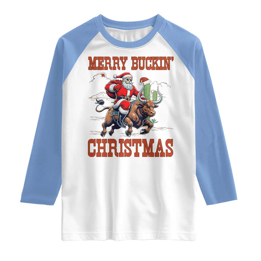 Western Black Santa Merry Buckin Christmas Raglan Shirt Funny Rodeo TS12 White Carolina Blue Print Your Wear