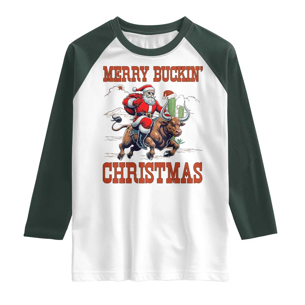 Western Black Santa Merry Buckin Christmas Raglan Shirt Funny Rodeo TS12 White Dark Forest Green Print Your Wear