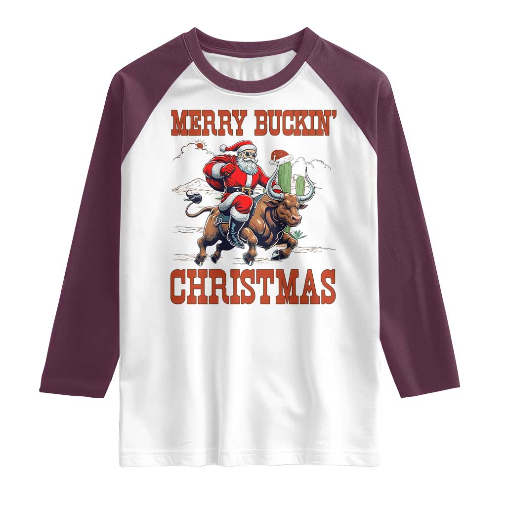 Western Black Santa Merry Buckin Christmas Raglan Shirt Funny Rodeo TS12 White Maroon Print Your Wear