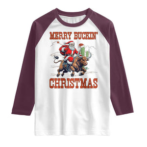 Western Black Santa Merry Buckin Christmas Raglan Shirt Funny Rodeo TS12 White Maroon Print Your Wear