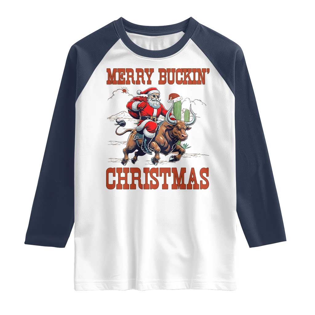 Western Black Santa Merry Buckin Christmas Raglan Shirt Funny Rodeo TS12 White Navy Print Your Wear