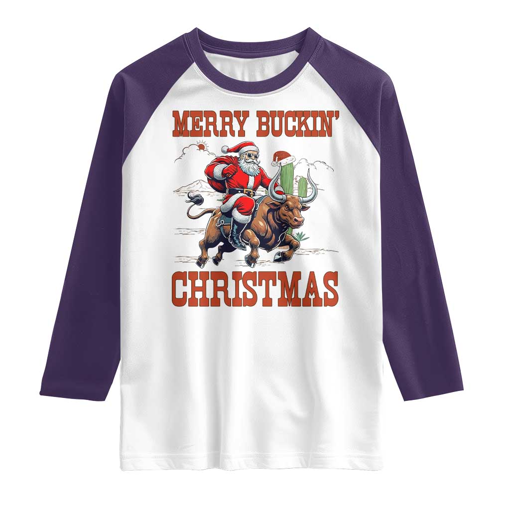 Western Black Santa Merry Buckin Christmas Raglan Shirt Funny Rodeo TS12 White Purple Print Your Wear