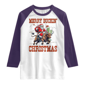 Western Black Santa Merry Buckin Christmas Raglan Shirt Funny Rodeo TS12 White Purple Print Your Wear