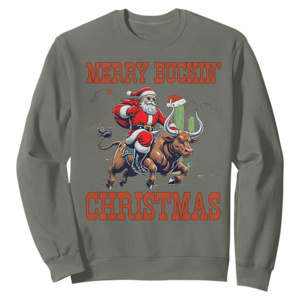 Western Black Santa Merry Buckin Christmas Sweatshirt Funny Rodeo TS12 Military Green Print Your Wear