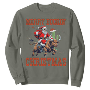 Western Black Santa Merry Buckin Christmas Sweatshirt Funny Rodeo TS12 Military Green Print Your Wear