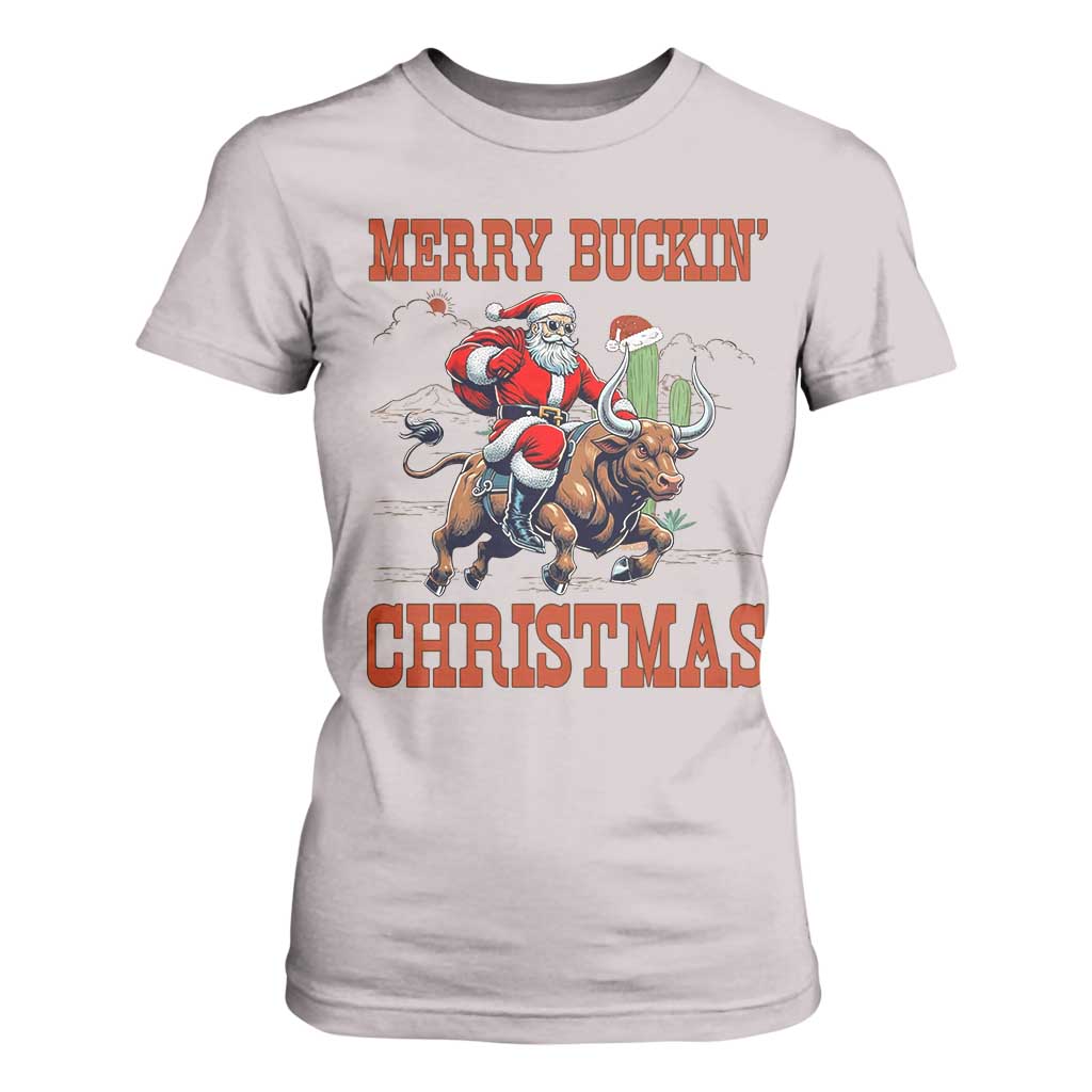 Western Black Santa Merry Buckin Christmas T Shirt For Women Funny Rodeo TS12 Ice Gray Print Your Wear