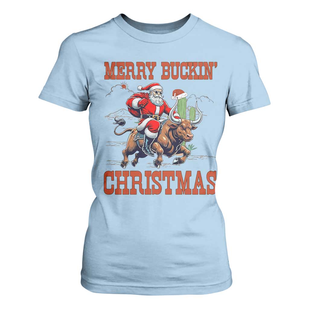 Western Black Santa Merry Buckin Christmas T Shirt For Women Funny Rodeo TS12 Light Blue Print Your Wear