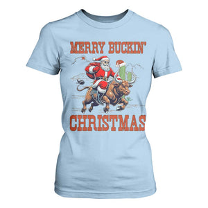 Western Black Santa Merry Buckin Christmas T Shirt For Women Funny Rodeo TS12 Light Blue Print Your Wear