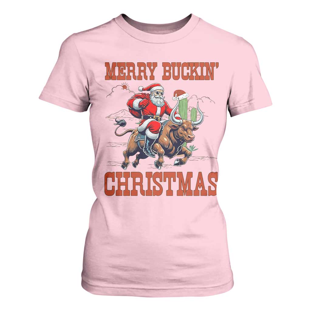 Western Black Santa Merry Buckin Christmas T Shirt For Women Funny Rodeo TS12 Light Pink Print Your Wear