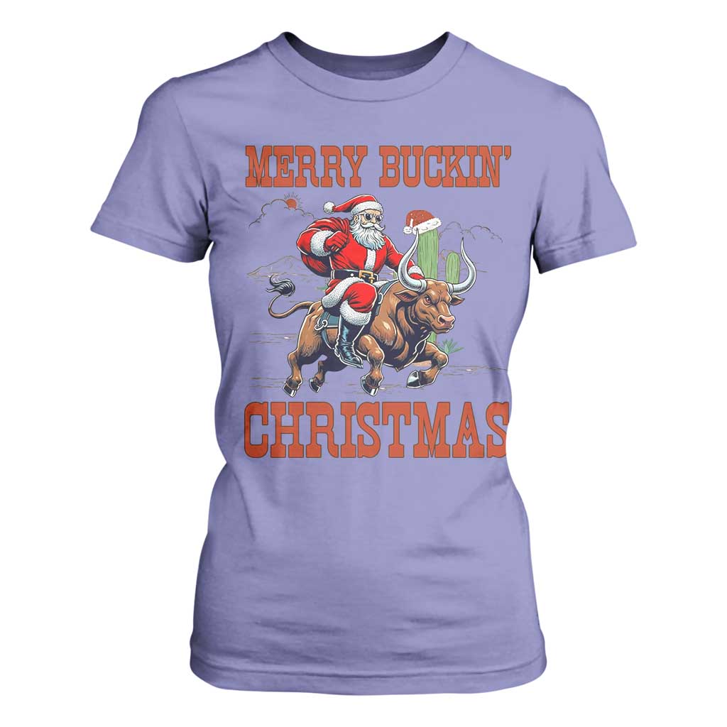 Western Black Santa Merry Buckin Christmas T Shirt For Women Funny Rodeo TS12 Violet Print Your Wear