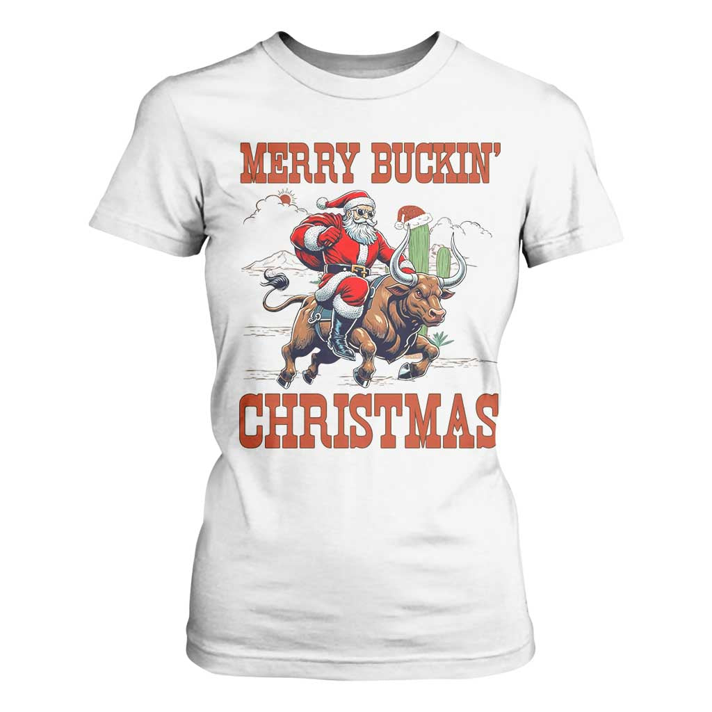 Western Black Santa Merry Buckin Christmas T Shirt For Women Funny Rodeo TS12 White Print Your Wear